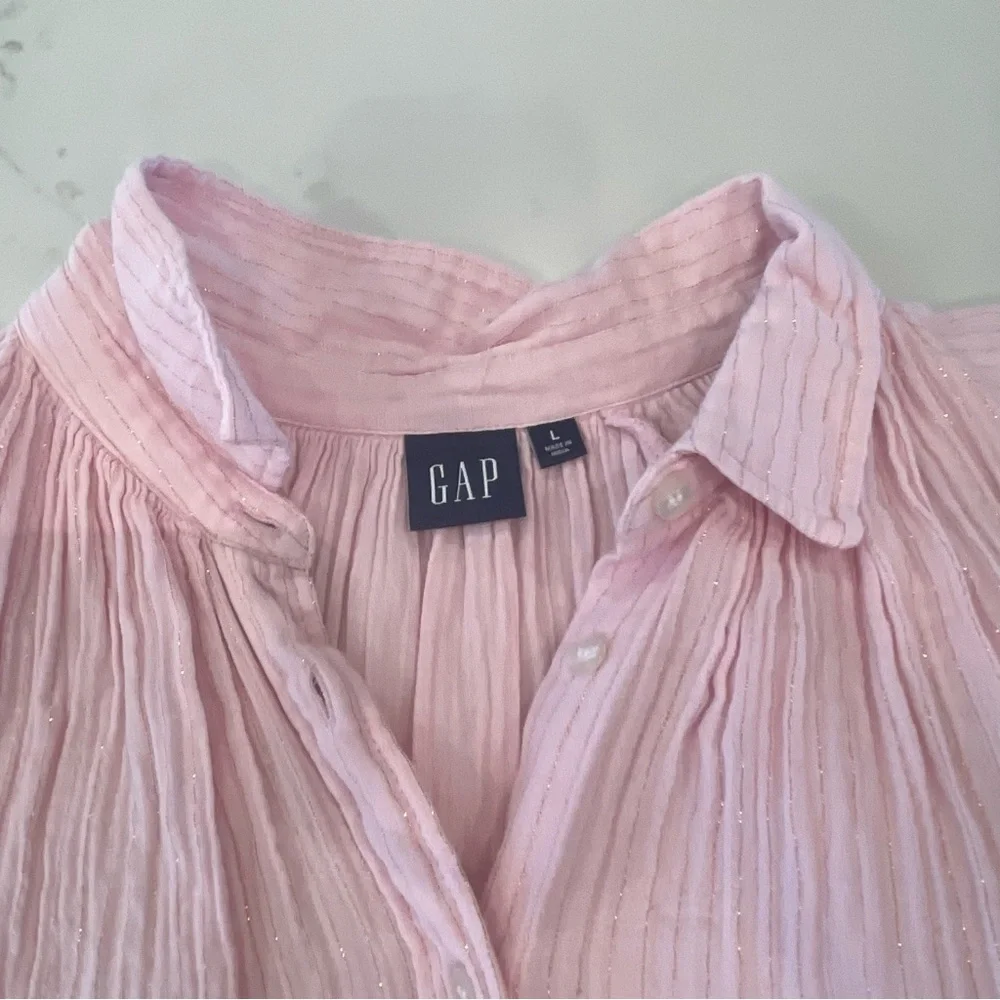 GAP Women’s Pink Button-Up Blouse with Ruffle Sleeves - Picture 6 of 15